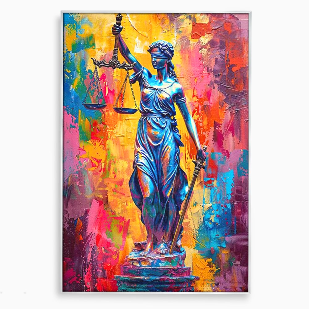 Tablou canvas cu tablou canvas cu zeita justitiei, in rama de aluminiu argintiu